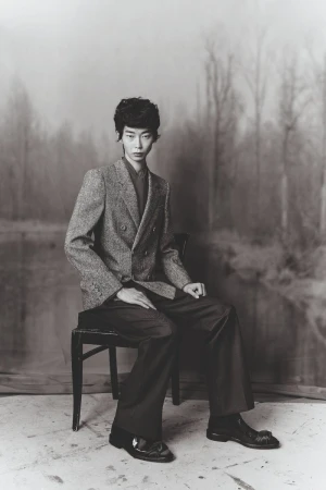 Model Leander Klugmann seated on a wooden chair wearing a textured double-breasted blazer and wide-leg trousers in black and white.