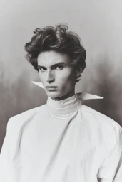 Portrait of male model Leander Klugmann in a white high-necked collar shirt against a studio backdrop.