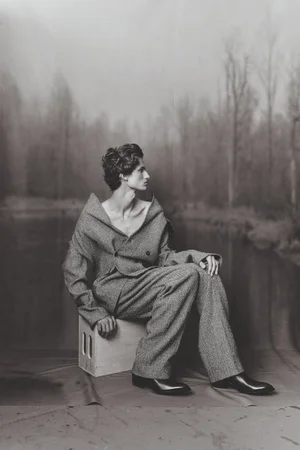Leander Klugmann seated on a wooden box wearing an off-shoulder grey tweed suit in front of a misty forest backdrop.