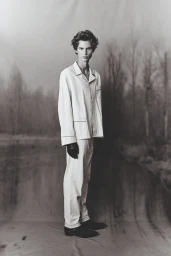 Young male model wearing light pajamas standing against a painted forest backdrop for a Numéro France editorial
