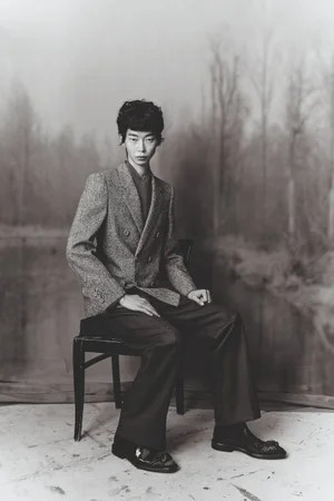 Model Leander Klugmann seated on a wooden chair wearing a textured double-breasted blazer and wide-leg trousers in black and white.