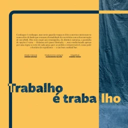 Editorial layout title page reading Trabalho e trabalho in blue denim textured typography over a warm yellow background.