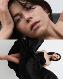 Close-up portrait of a woman with dark hair wearing a black strapless dress against a neutral background for the Memento project by Aje.