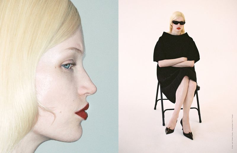 Two images of a model with blonde hair and red lipstick, wearing sunglasses and a black dress, seated on a chair in a studio setting.