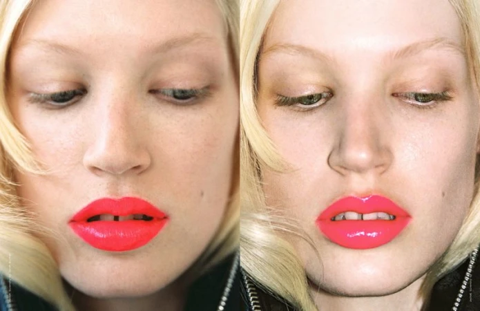 Close-up portrait featuring a blond woman with striking coral lipstick, showcasing flawless skin and minimal makeup, ideal for beauty product advertising.