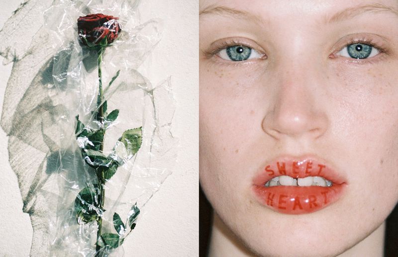 Split image of a red rose wrapped in plastic and a close-up of a model's face with the words 'Sweet Heart' written on her lips.