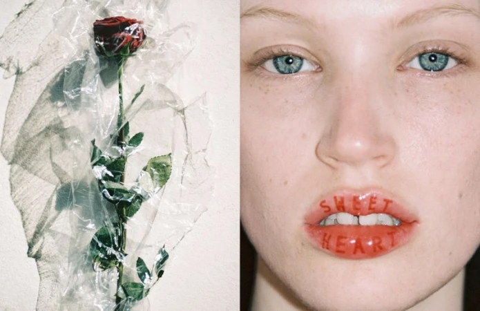 Split image of a red rose wrapped in plastic and a close-up of a model's face with the words 'Sweet Heart' written on her lips.