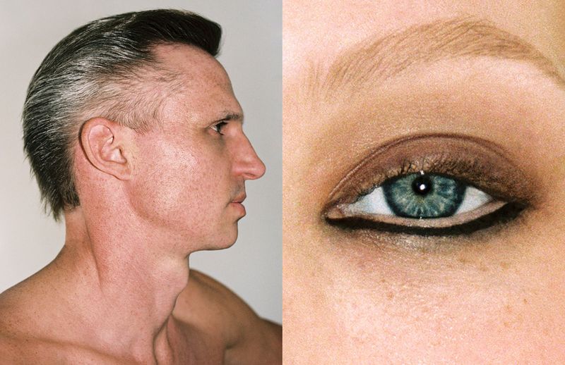 Close-up of a man's face in profile on the left and a woman's eye with makeup on the right side of the frame, showing skin detail.