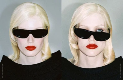 Diptych portrait of a blonde model wearing black sunglasses, bold red lipstick, and a textured black top against a grey backdrop.