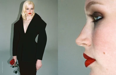 Model with blonde hair and red lipstick wearing a black structured blazer holding a red rose in a split-screen beauty editorial.