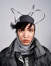 Model wearing a grey knit balaclava and a curved wire headpiece with a dark nylon jacket against a light grey studio background.