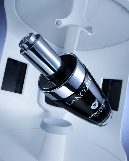 Lancome Genifique Ultimate skin serum bottle in a modern beauty display with black, silver, and white tones in a studio setting.