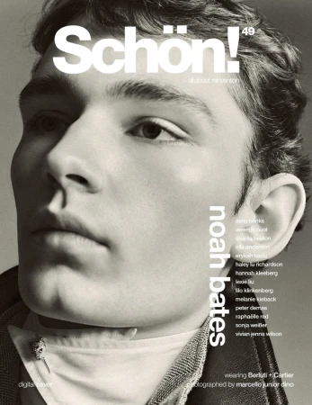 Magazine cover featuring a portrait of Noah Bates, with 'Schön!' logo, text detailing names and credits, and showcasing fashion and photography.
