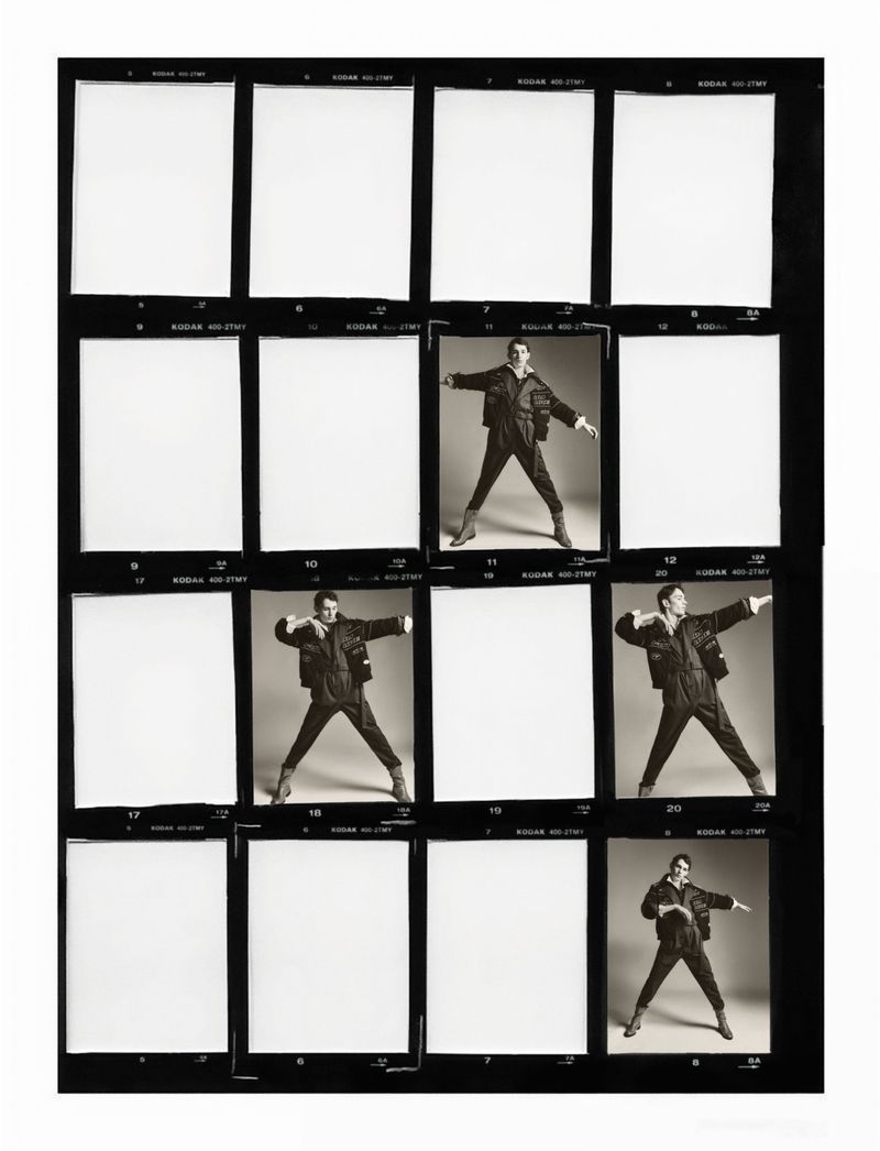 Contact sheet of a fashion model striking poses, showcasing a vintage photography aesthetic with a focus on monochrome tones and studio lighting.