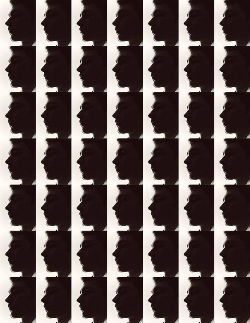 Silhouetted adult faces in profile are arranged in a grid-like pattern on a white background, creating a repetitive yet striking visual.