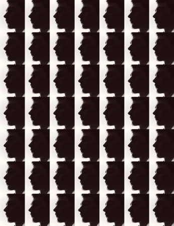 Silhouetted adult faces in profile are arranged in a grid-like pattern on a white background, creating a repetitive yet striking visual.