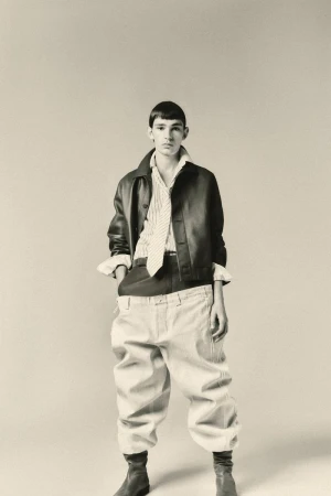 Young adult wearing a black leather jacket, striped shirt, khaki pants, and ankle boots in a full-length studio shot.