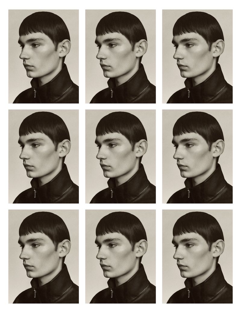 Nine-panel grid of a young adult male's side profile, neutral expression, short brown hair, wearing a black jacket against white backdrop.