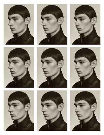 Nine-panel grid of a young adult male's side profile, neutral expression, short brown hair, wearing a black jacket against white backdrop.