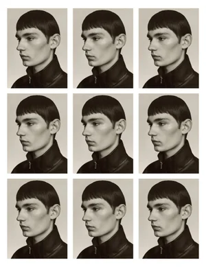 A multi-panel grid of nine identical profile portraits of a young man with dark bowl cut hair wearing a high-collared jacket against a neutral background.