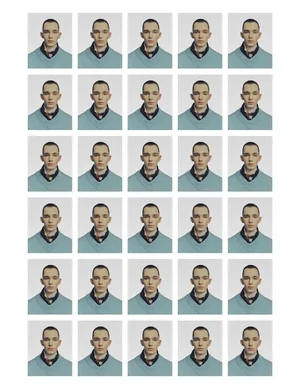 Contact sheet of thirty identical portrait photos featuring a male model wearing a light blue sweater and collared shirt against a white background.