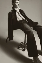 Young male model seated on a rolling stool wearing a dark jacket, collared shirt, and relaxed dark trousers against a neutral background.