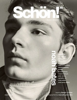 Close-up monochrome portrait of a young man wearing a high-collared jacket for Schön Magazine reimagined digital cover.