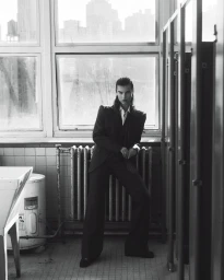 Model in dark pantsuit standing before large windows and a radiator in a black and white fashion editorial photograph.