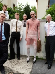 Group of six male models posing outdoors in front of a white wall and foliage for Lampoon Magazine project Soap.