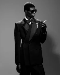 Black man wearing a black tuxedo, bow tie, sunglasses, and gloves holding a cigarette against a grey background.