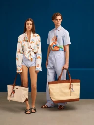 Two models standing against a deep blue wall, holding large canvas tote bags with leather trim for Bally S/S 26 LA PLAGE.