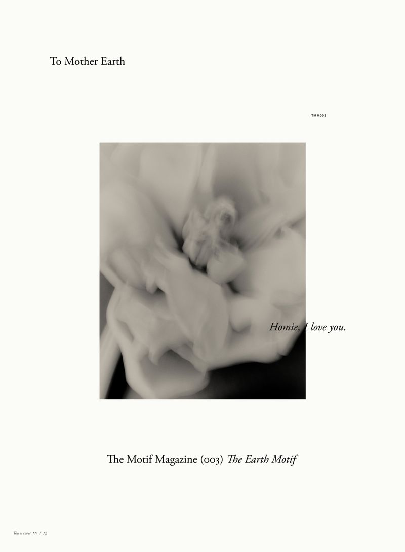 Black and white magazine cover art featuring abstract cloud-like figure with text "To Mother Earth" and "The Earth Motif".