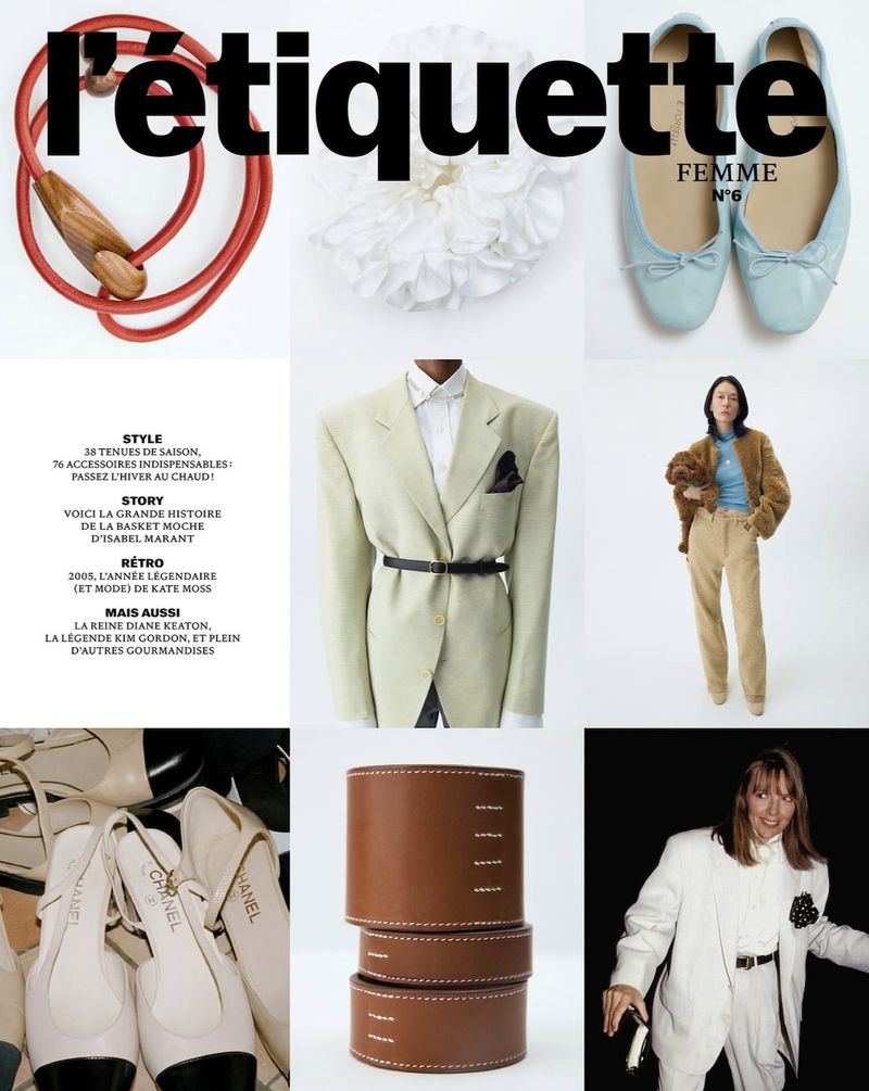 Collage of fashion items and editorial layouts including shoes, clothing, accessories, and text excerpts on a white background.