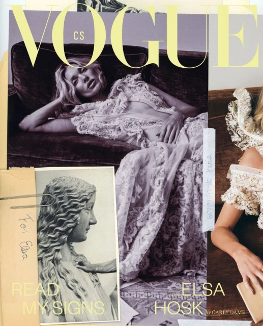 Magazine cover featuring a reclining woman in a lace dress, with a statue fragment inset and 'Vogue' masthead, by Carly Dame.