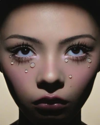 Close-up portrait of a model with dramatic eye makeup and beaded droplets beneath her eyes for Dior Beauty by Timoer Nulens