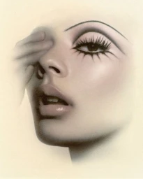 Close-up portrait of a woman with dramatic eye makeup, long lower lashes, and a hand partially covering her face against a neutral background.