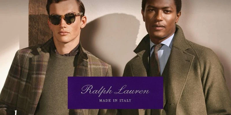 Two men in tailored fall fashion: a tweed blazer, wool sweater, and a dark overcoat. A logo for Ralph Lauren Made in Italy is visible.
