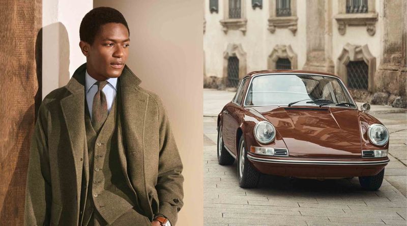 Model Hamid Onifadé in an olive tailored suit diptych alongside a classic vintage brown sports car on a city street.
