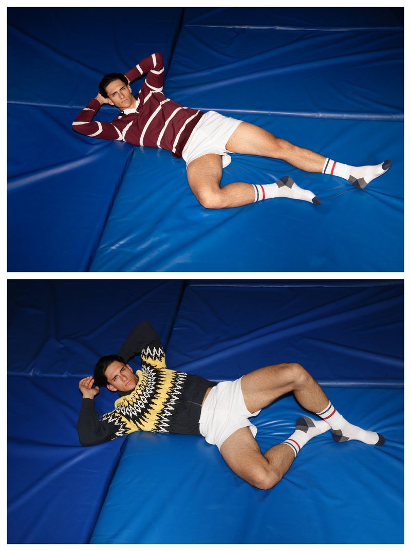 Two images show a man lounging on a blue mat. He wears a striped rugby shirt or patterned sweater, white shorts, and tube socks.