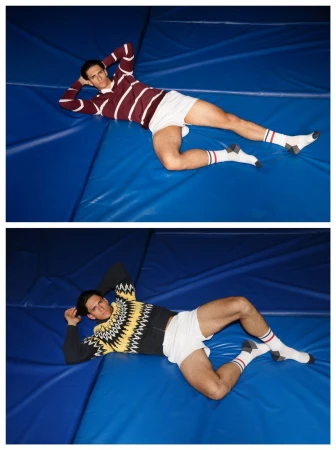 Two images show a man lounging on a blue mat. He wears a striped rugby shirt or patterned sweater, white shorts, and tube socks.