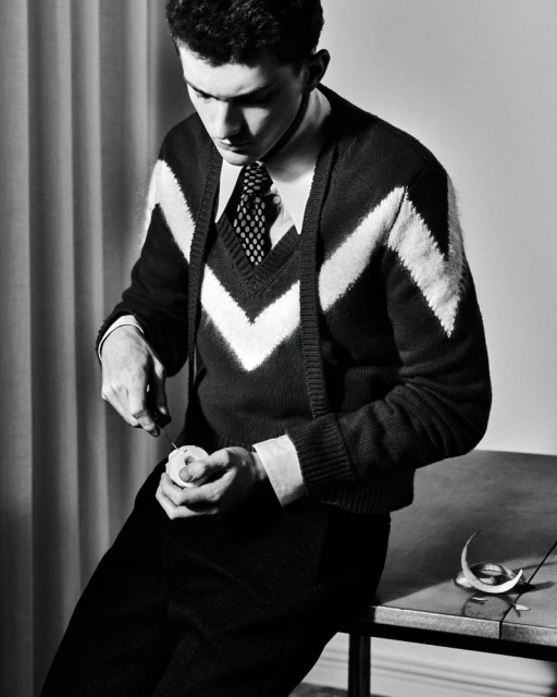 Monochrome portrait of a young man in a patterned sweater peeling a fruit at a table in an indoor setting with neutral backgrounds.