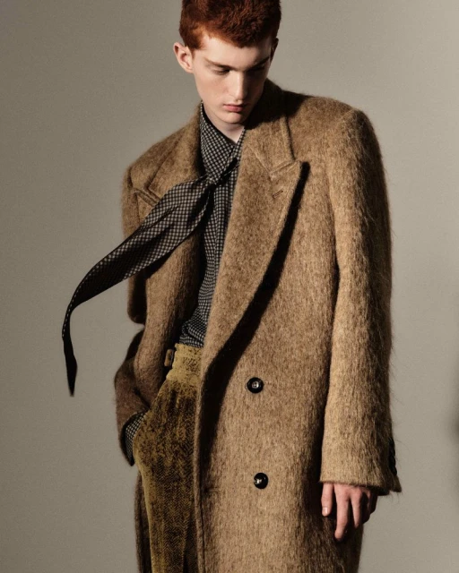 Fashion portrait of a red-haired male model wearing a brown wool coat, patterned shirt, and necktie against a neutral backdrop.