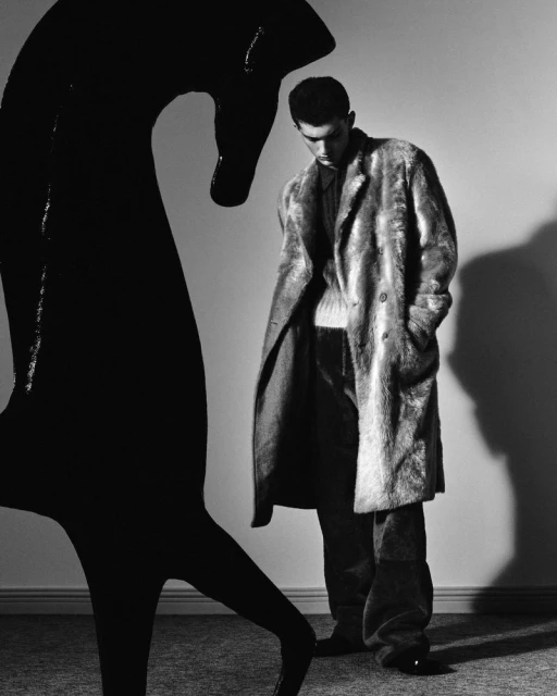 Monochrome portrait of a young adult man wearing a fur coat standing in a neutral indoor environment, near a dark, abstract horse sculpture.