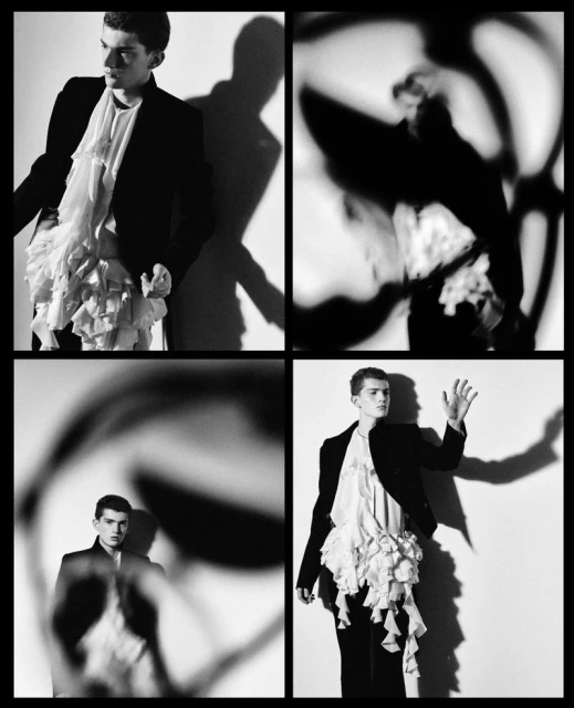 Black and white portrait featuring a young man in a jacket with ruffled shirt, presented in a four-panel grid with varying focuses.
