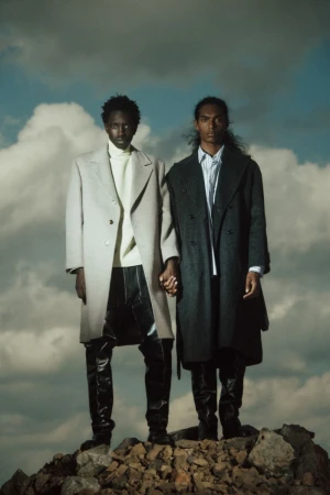 Two men hold hands while standing on a rocky pile wearing tailored overcoats under a cloudy sky.