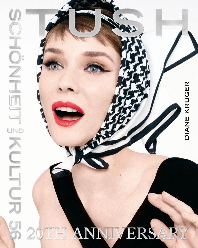 Diane Kruger wears a headscarf and red lipstick for Tush Magazine's 20th Anniversary cover. Beauty and fashion portrait with bold makeup.
