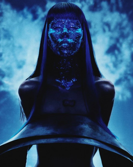 Abstract portrait of a woman with a crystalline, translucent face and sharp-edged shoulder detail, set against a cloudy blue background.