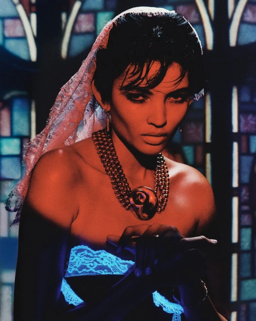 An adult female model poses indoors wearing a layered gold necklace and a lace head covering in front of a stained-glass window.