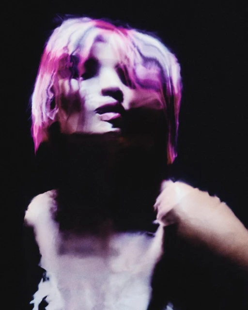 Abstract portrait of an adult woman with pink and white hair against a dark background with a blurred effect.