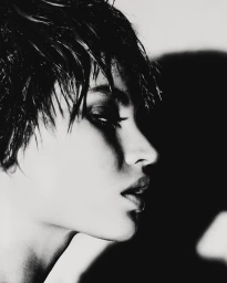 Close-up monochrome profile portrait of a model with wet hair and dramatic dark eye makeup against a bright background.